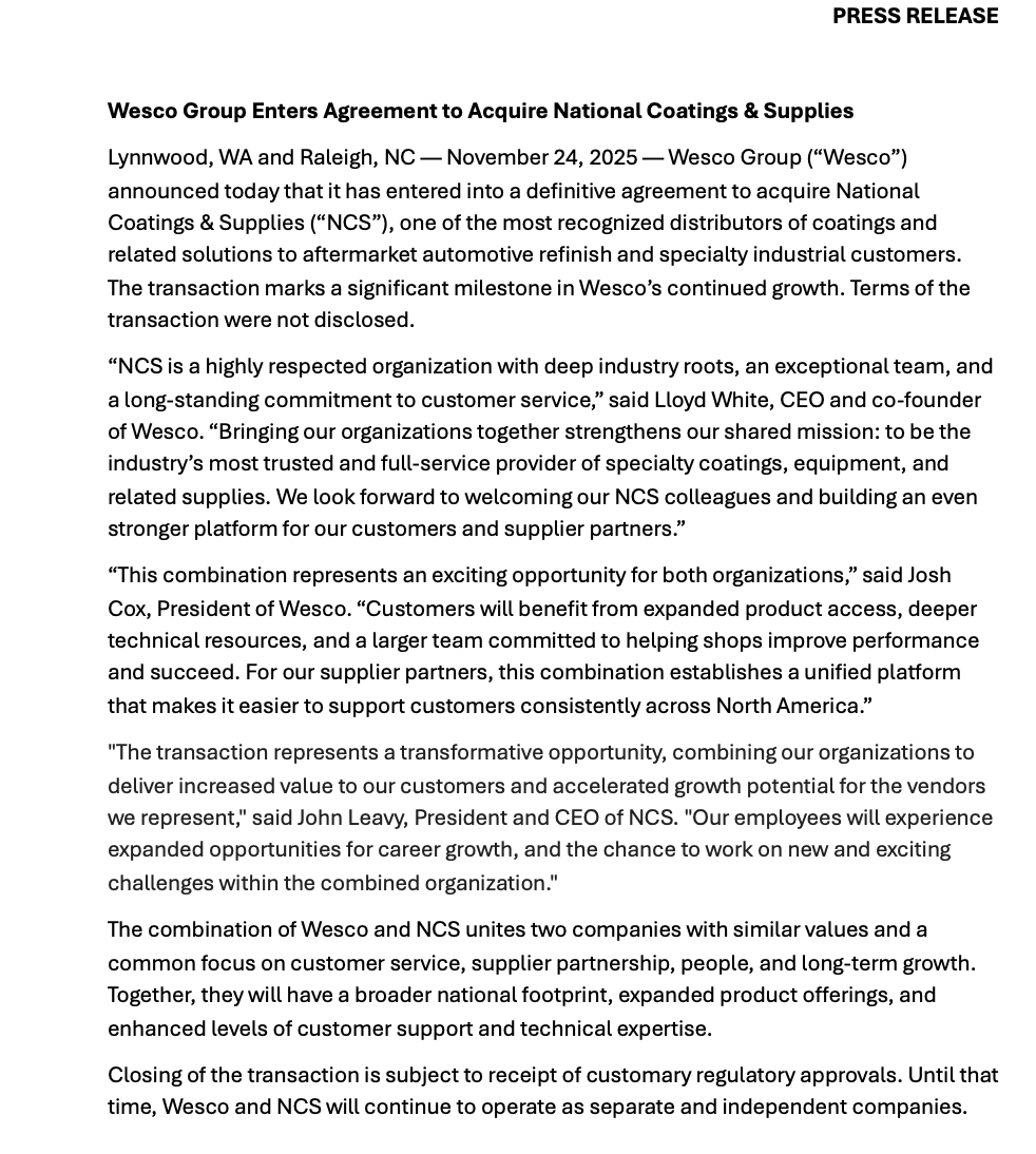 Wesco acquires NCS